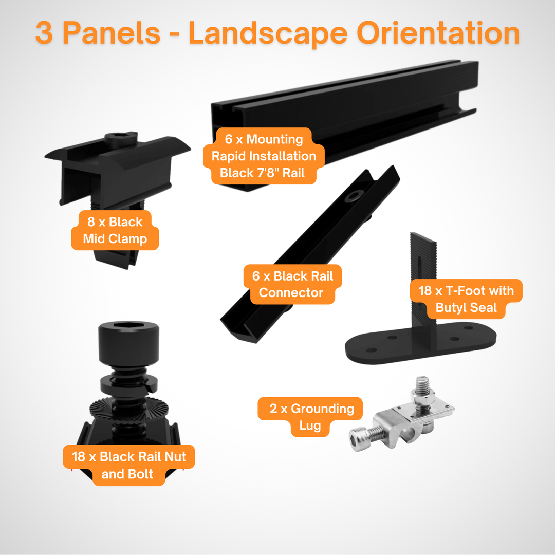Maple Leaf Roof Mount Kits for Solar Panels | 7’8” Black Rails, Mid Clamps, Rail Connectors, T-Foots & Grounding Kit | Lightweight Aluminum 6005-T5 | Certified Solar Racking Hardware