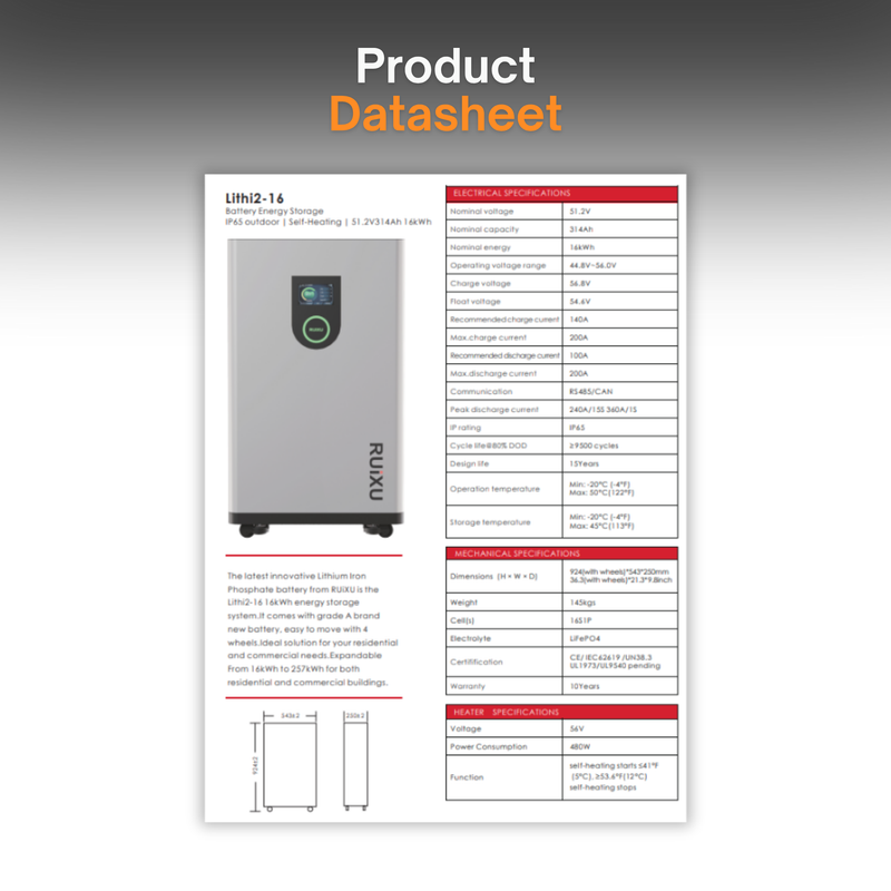 RUiXU Lithi2-16 16kWh LiFePO4 Battery | 51.2V 314Ah | Whole House Battery Backup | UL1973 UL9540A | Solar Battery Storage for Home | Off-Grid Power System | Outdoor Wall Mount & Mobile Design