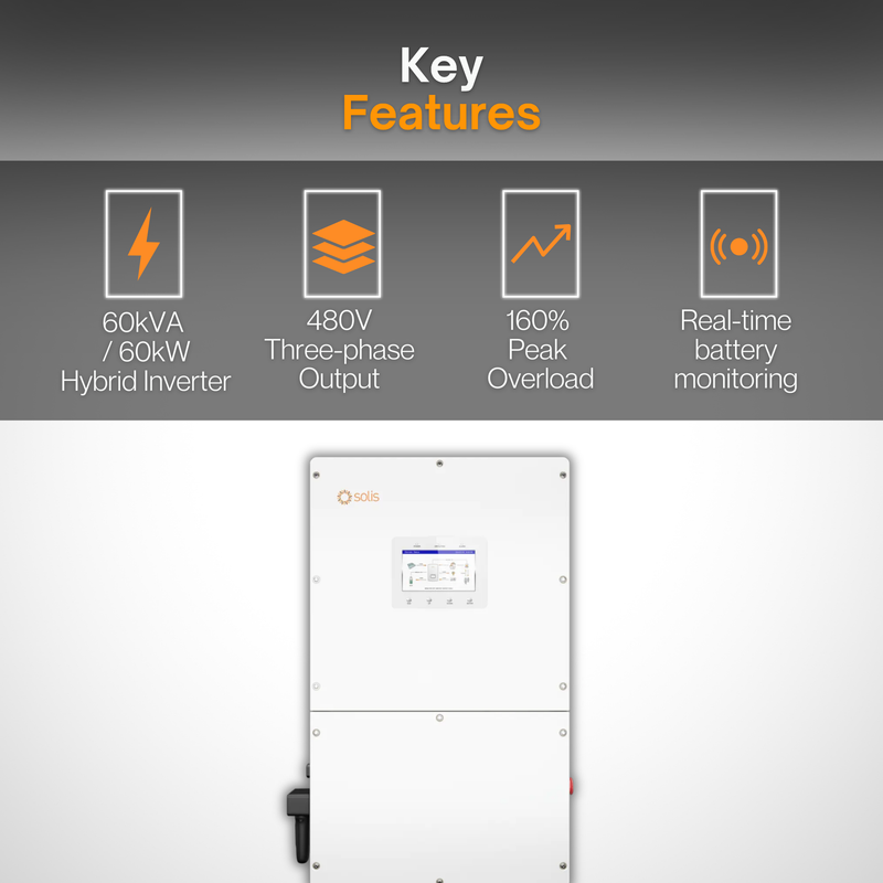 Solis S6-EH3P60K-NV-YD-H-US Three-Phase Hybrid Energy Storage Solar Power Inverter – 60kVA | 480VAC| Commercial & Industrial Solar + Battery System