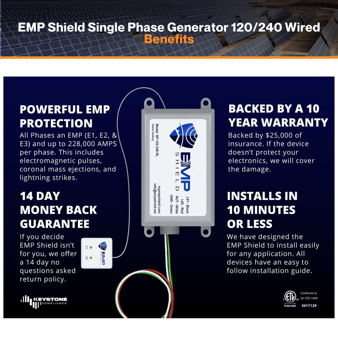 EMP Shield Single Phase Generator 120/240 Wired - Lightning & Military Grade Protection Plus CME Defense | Power Surge & Smart Meter Fire Protection