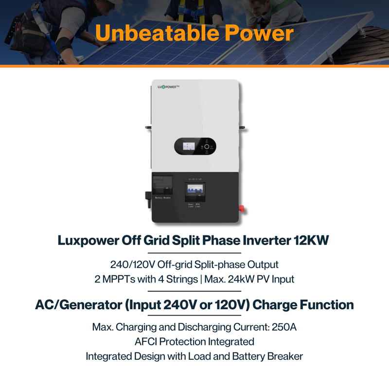 Luxpower Off Grid Split Phase Inverter 12KW(SNA-US-12K) - MPPT Ranges 120V~440V | AFCI Protection | Remote Monitoring | IP20 Rating | UL & CSA Listed