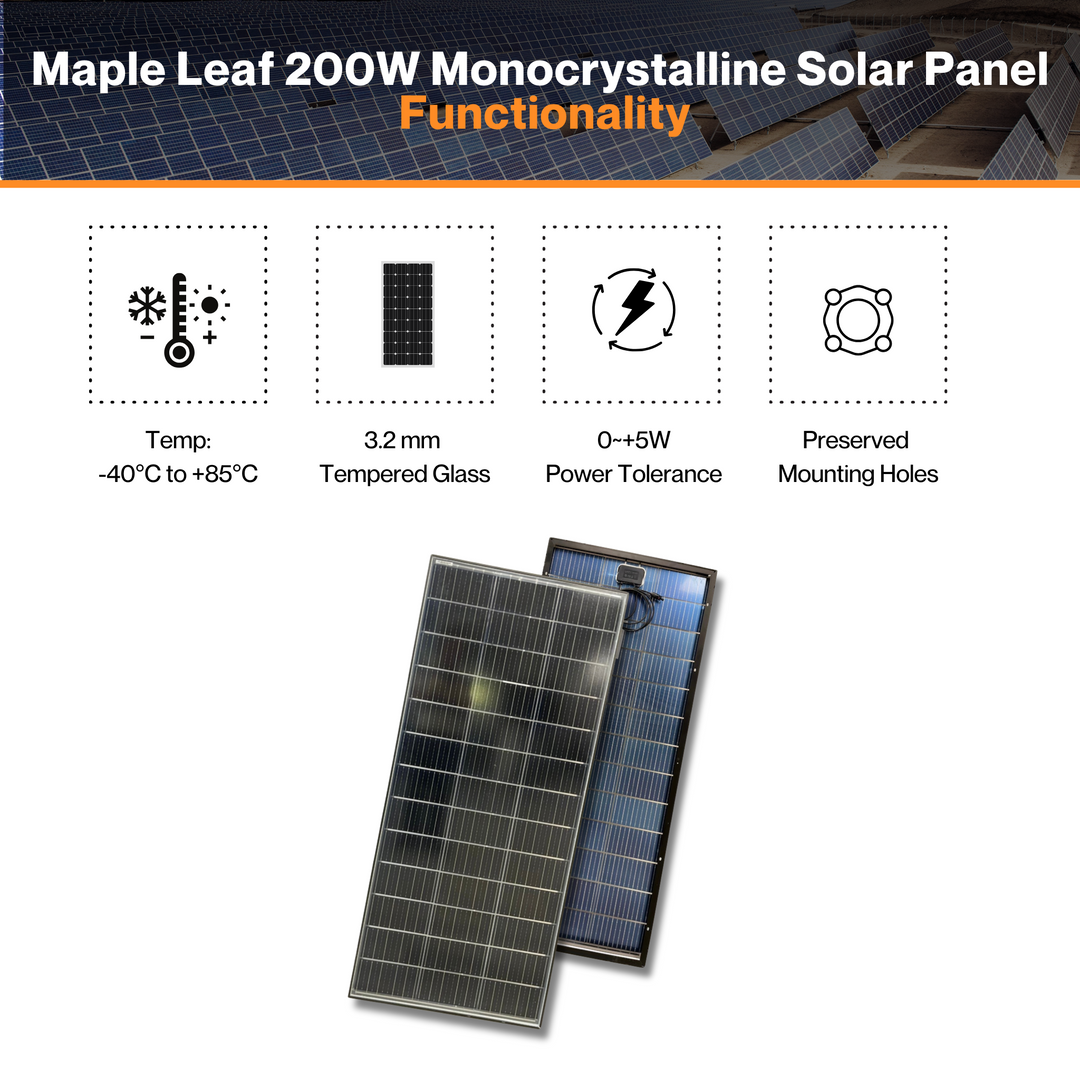 Maple Leaf 200W Monocrystalline Solar Panel - Clear Glass| Handle Up to 5400Pa Snow Load | Aluminum Frame | IP67 Rated Junction Box