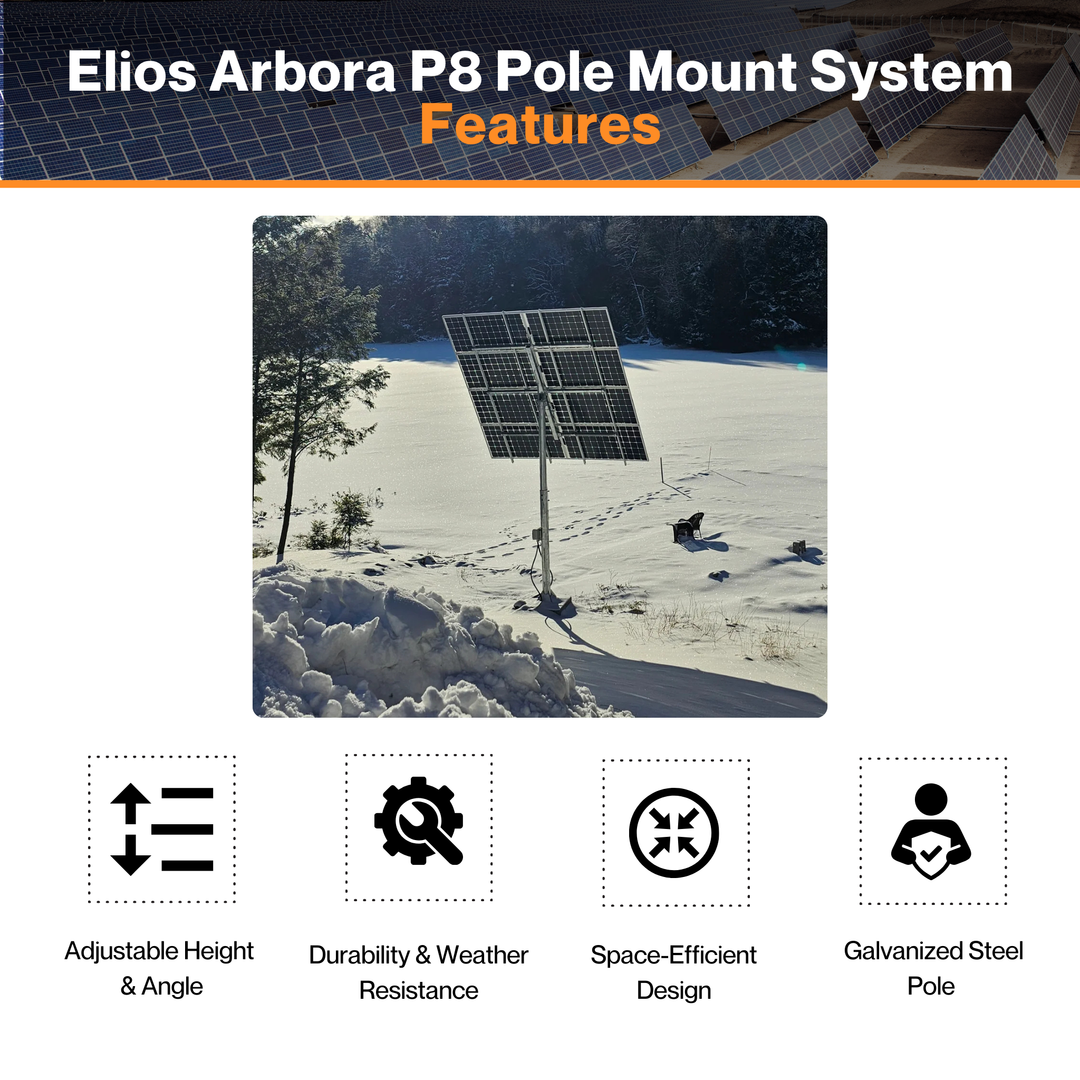 Elios Arbora P8 Pole Mount System – Holds 8 Large Solar Panels | 15°~70° Tilt Angle | 1.4kN/m² Snow Load | 55m/s Wind Speed Rating