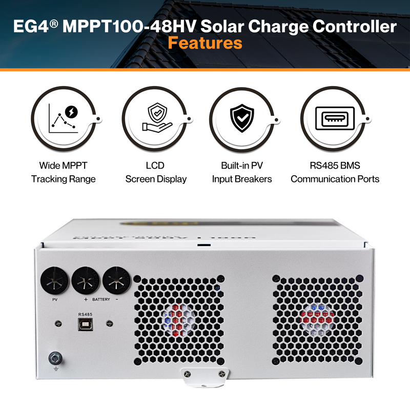 EG4® MPPT100-48HV Solar Charge Controller – 500VDC 100A | 94% Max. Charge | Wide MPPT | Built-in Breaker | User-Defined | BMS Comm. | IP21 Rating