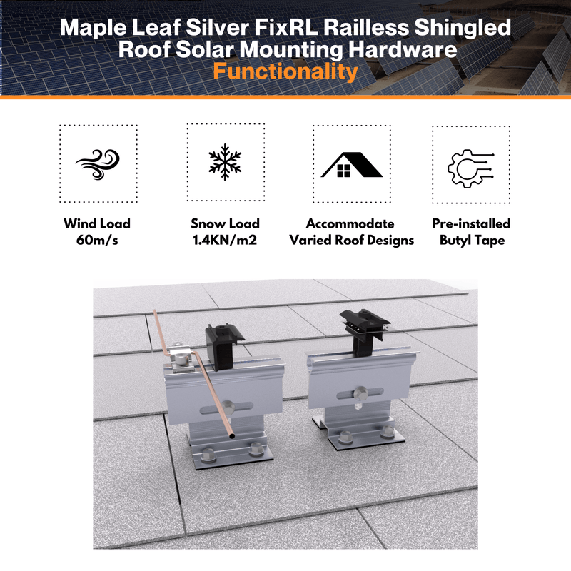 Maple Leaf Silver FixRL Railless Shingled Roof Solar Mounting Hardware - ASNZS1170, MCS, Intertek, SPAD Certified