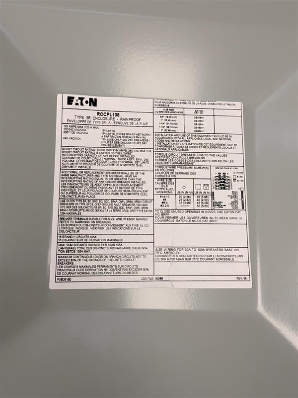 Eaton Single Phase Main Lug Load Center- Non-Combination 125 A, 1 PH, 120/240 VAC | CPL Plug-in | NEMA 3R Rated Enclosure | UL & CSA Listed