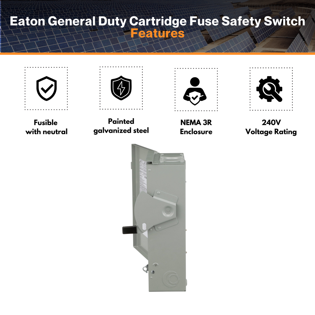 Eaton General Duty Cartridge Fuse Safety Switch - NEMA 3R Enclosure | Painted Galvanized Steel | Fusible With Neutral | Class H Fuse | UL Listed