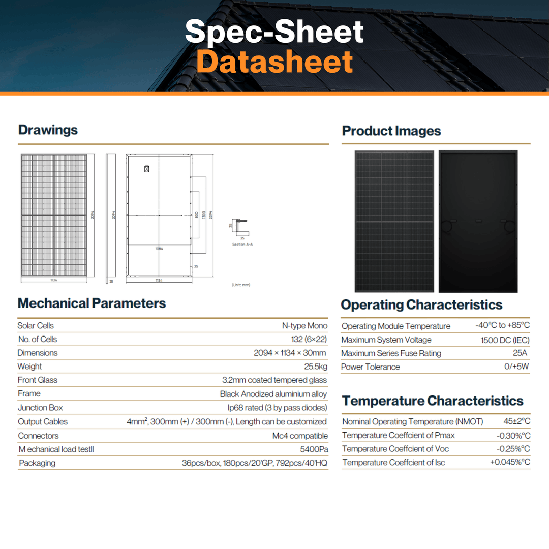 Maple Leaf 520W Monofacial Panel - N-type TOPCon Full Black Solar Module | 10-30% Additional Energy | Aluminum Frame | IP68 Rated | Mc4 Connectors