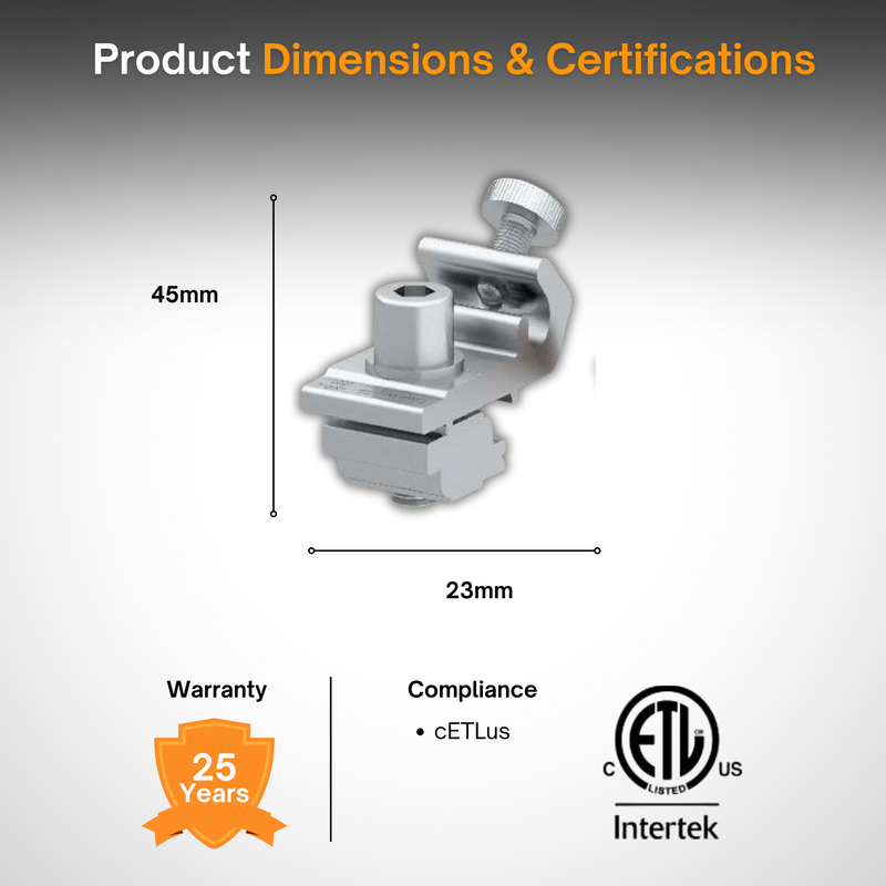 Grounding Lug with U-Shape Copper Channel | Solar Panel Grounding Connector | PV Mounting Ground Lug Kit for Solar Power, Off-Grid, Residential & Commercial Systems | ETL Listed