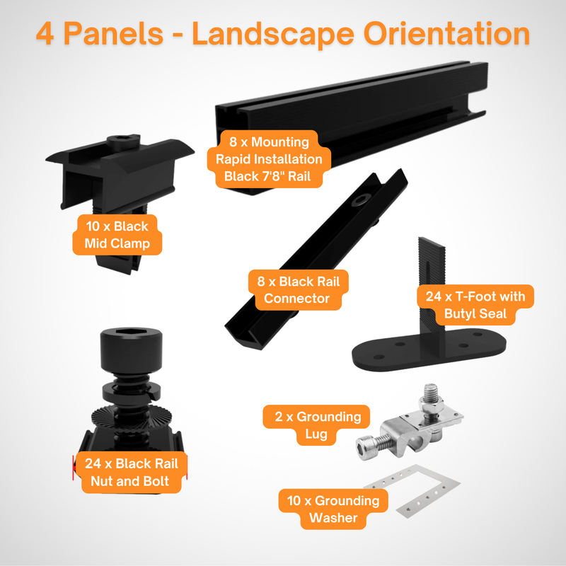 Maple Leaf Roof Mount Kits for Solar Panels | 7’8” Black Rails, Mid Clamps, Rail Connectors, T-Foots & Grounding Kit | Lightweight Aluminum 6005-T5 | Certified Solar Racking Hardware