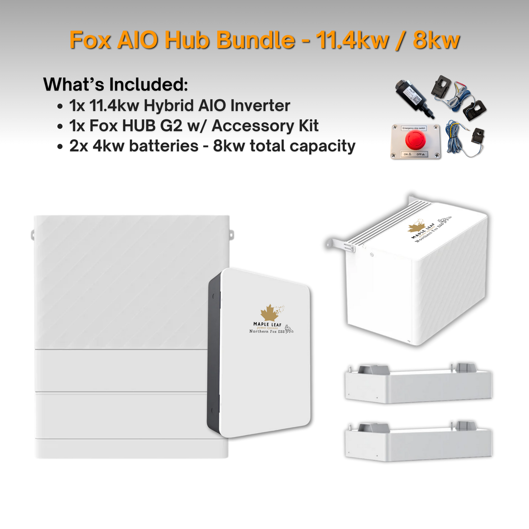 Maple Leaf Northern Fox AIO FLEX Hybrid Solar Inverter & Modular Battery Kits | 9.6kW or 11.4kW Inverter | 8kW to 28kW Expandable Energy Storage System | Optional Fox ESS Hub G2 Smart Energy Management