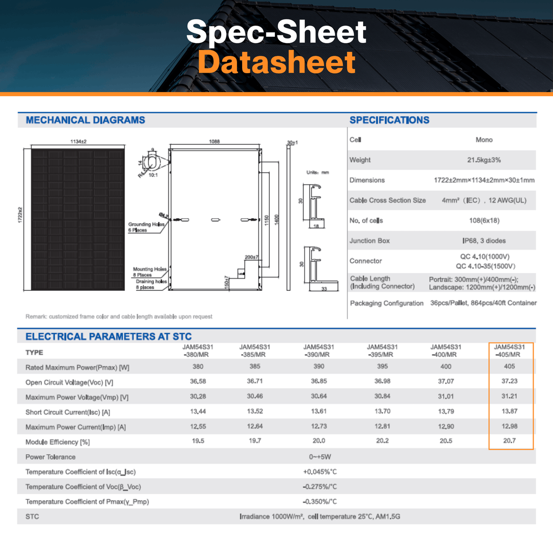 JA Solar 405W Monofacial Solar Panel - W/ 108 Split Cell | Deep Blue 3.0 Light | Half Cell Black Module | IP68 MC4 Connectors