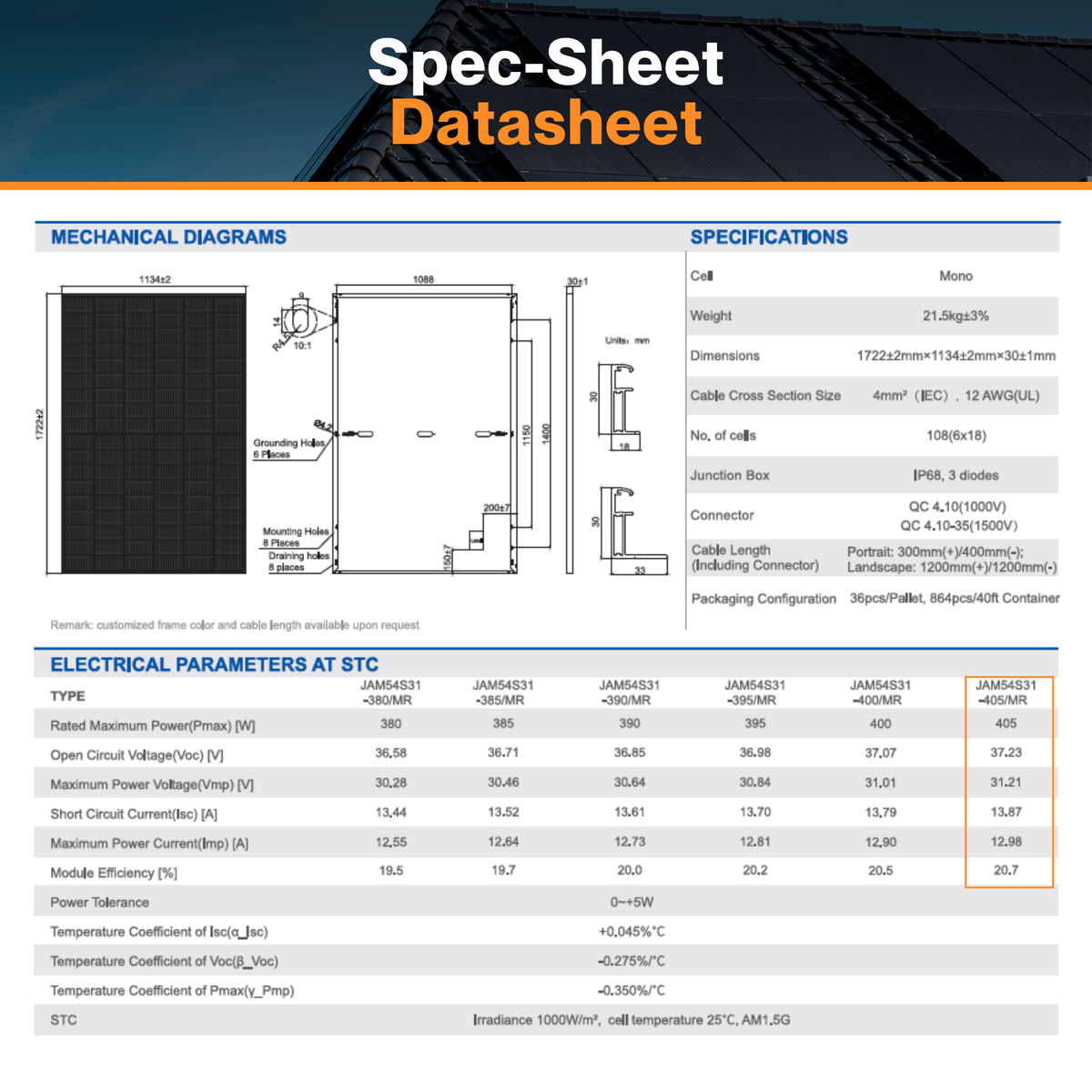 JA Solar 405W Monofacial Solar Panel - W/ 108 Split Cell | Deep Blue 3 JA Solar 405W Monofacial Solar Panel - W/ 108 Split Cell | Deep Blue 3