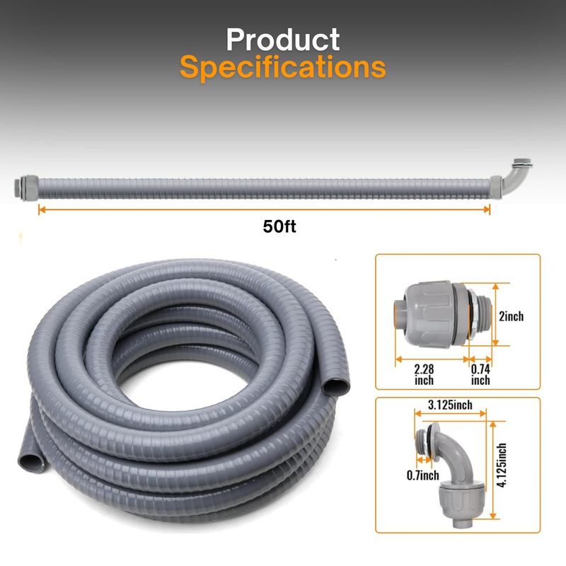 Non-Metallic Liquid-Tight Conduit Kit – 0.75" & 1" Flexible Electrical Conduit in 50ft Lengths | Includes 90 Degree Elbow Fittings and Straight Fittings
