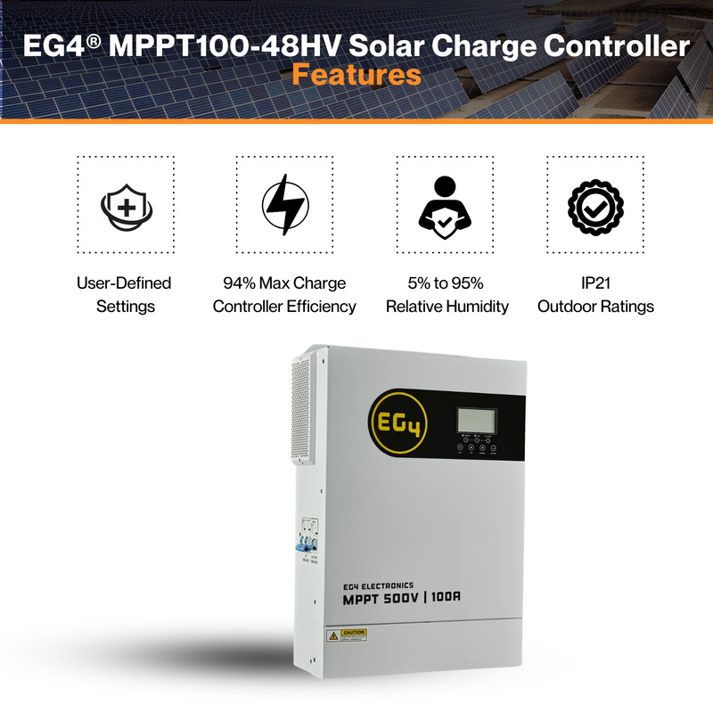 EG4® MPPT100-48HV Solar Charge Controller – 500VDC 100A | 94% Max. Charge | Wide MPPT | Built-in Breaker | User-Defined | BMS Comm. | IP21 Rating