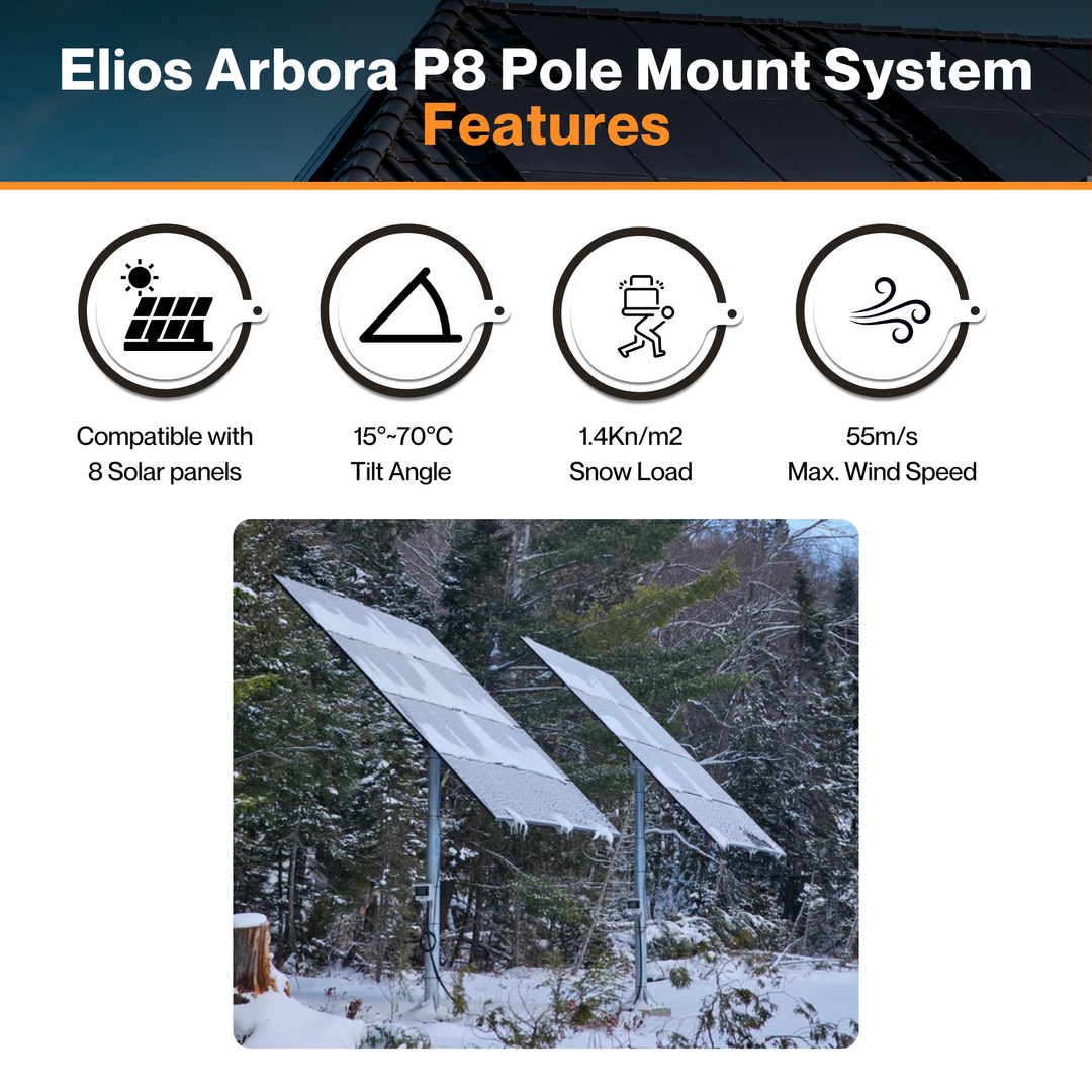 Elios Arbora P8 Pole Mount System – Holds 8 Large Solar Panels | 15°~70° Tilt Angle | 1.4kN/m² Snow Load | 55m/s Wind Speed Rating