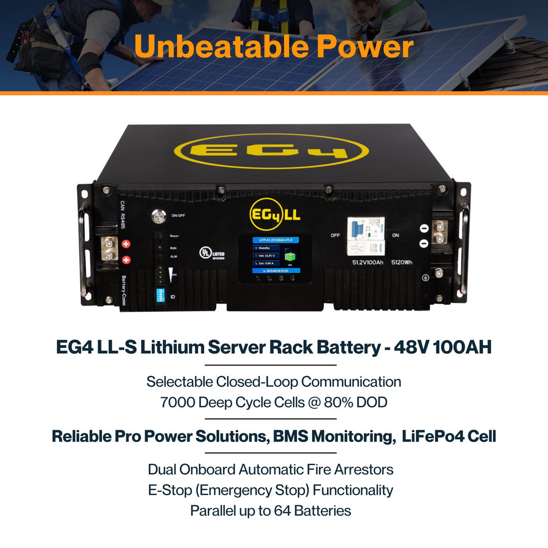 EG4 LL-S Lithium Server Rack Battery - 48V 100AH | LiFePo4 Cell | 64 Batteries in Parallel | 80% DOD | IP20 Ratings | UL1973 & UL9540A Certified