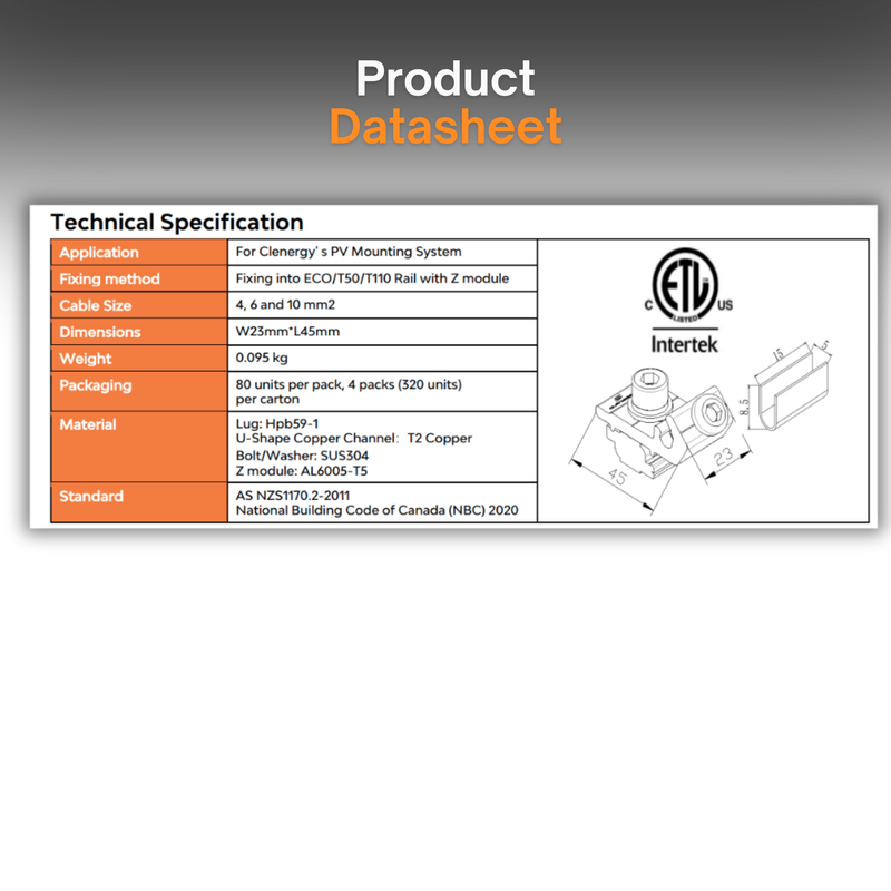 Grounding Lug with U-Shape Copper Channel | Solar Panel Grounding Connector | PV Mounting Ground Lug Kit for Solar Power, Off-Grid, Residential & Commercial Systems | ETL Listed