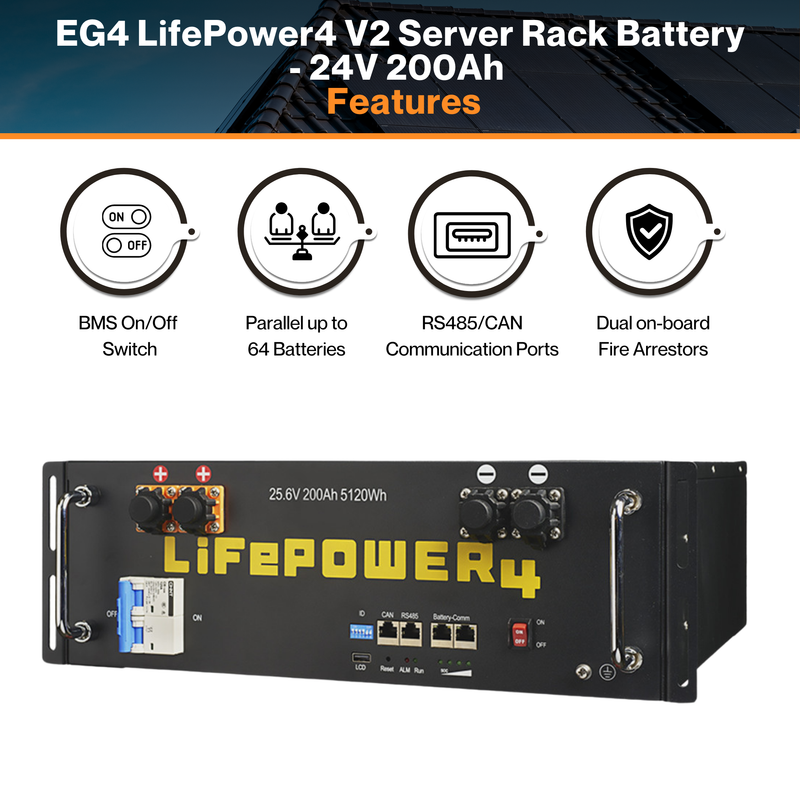 EG4 LifePower4 V2 Server Rack Battery - 24V 200Ah | LiFePo4 16-Cell | 200A BMS | W/ Fire Arrestors | 64 Batteries Parallel | 80% DOD | IP21 Ratings