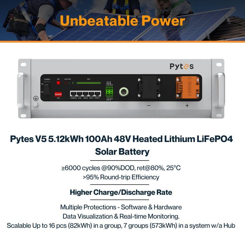 Pytes V5 5.12kWh 100Ah 48V LiFePO4 Solar Battery | 300A Scalable | 80% DoD | Self-Heated | Smart BMS | Remote Monitoring | UL9540 & UL1973 Certified