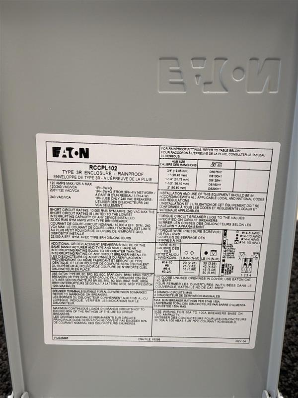 Eaton Single Phase Main Lug Load Center- Non-Combination 125 A, 1 PH, 120/240 VAC | CPL Plug-in | NEMA 3R Rated Enclosure | UL & CSA Listed
