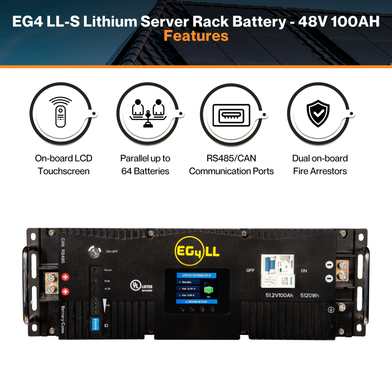 EG4 LL-S Lithium Server Rack Battery - 48V 100AH | LiFePo4 Cell | 64 Batteries in Parallel | 80% DOD | IP20 Ratings | UL1973 & UL9540A Certified