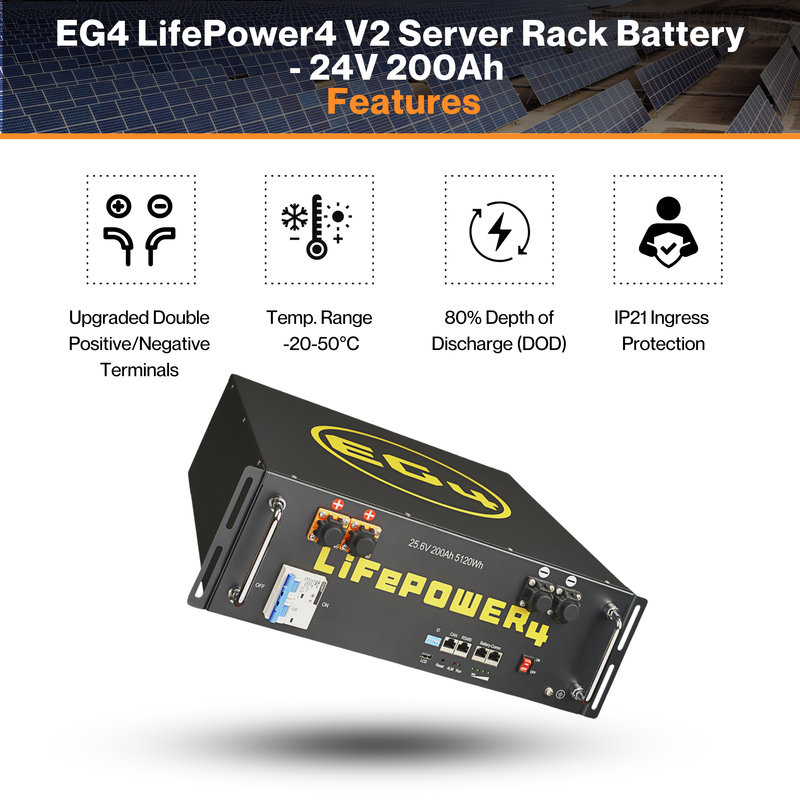 EG4 LifePower4 V2 Server Rack Battery - 24V 200Ah | LiFePo4 16-Cell | 200A BMS | W/ Fire Arrestors | 64 Batteries Parallel | 80% DOD | IP21 Ratings