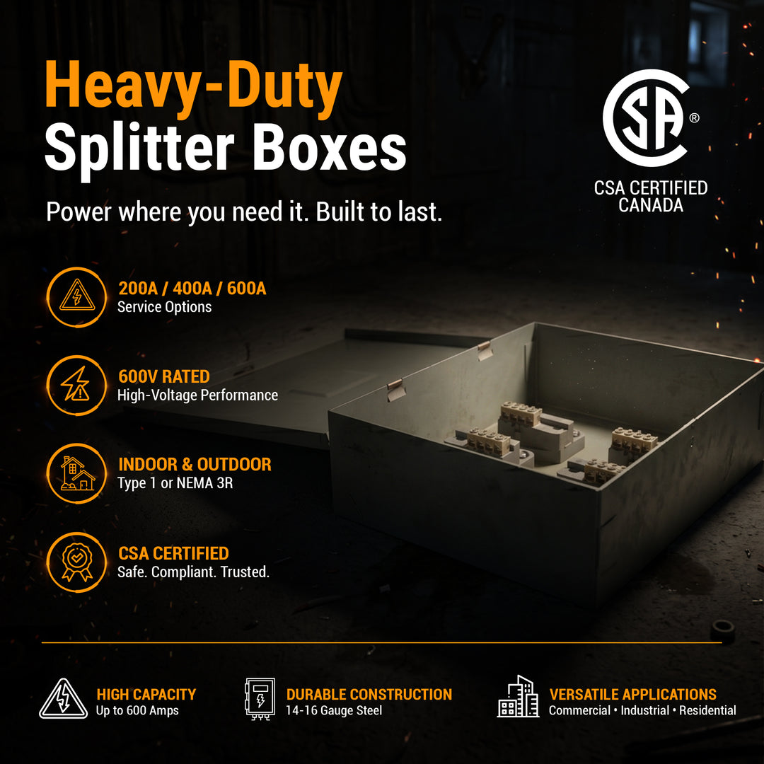 Heavy-Duty Electrical Splitter Box | 200A, 400A, or 600A Capacity | Indoor or Outdoor Models | CSA Certified for Use in Canada