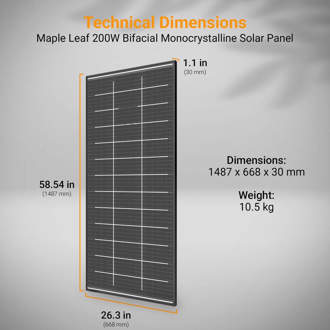 Maple Leaf 200W Bifacial Monocrystalline Solar Panel – High Efficiency, IP67, Tempered Glass | Premium Canadian-Engineered Monocrystalline Solar Panel With Bifacial Power Boost – Ideal for Residential, Commercial, and Off-Grid Applications