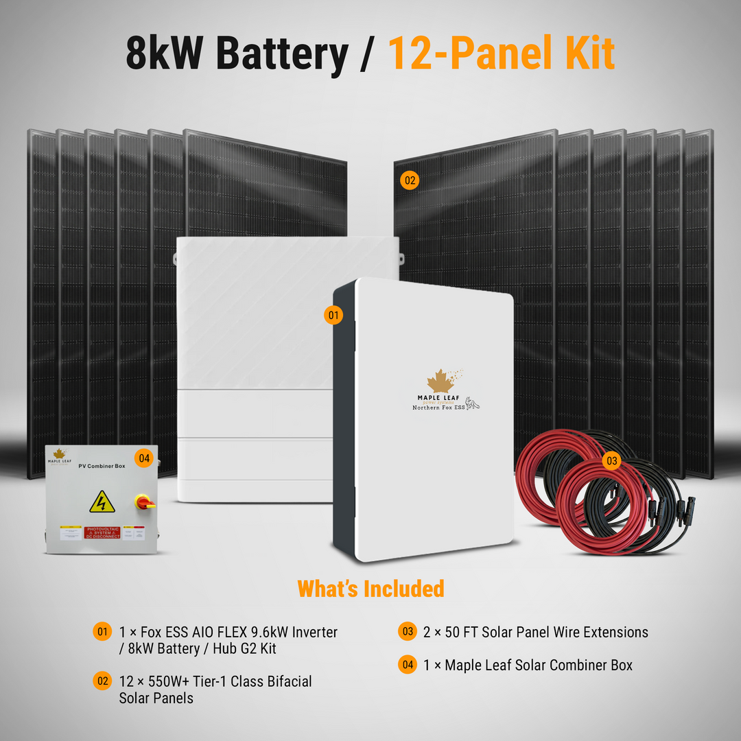 Maple Leaf Northern Fox ESS AIO Complete Hybrid Solar Power Kits | 9.6kW Hybrid Inverter | 8kW–28kW Battery Storage | 550W+ Bifacial Solar Panels | Fox ESS Hub G2, Cables and Combiner Box