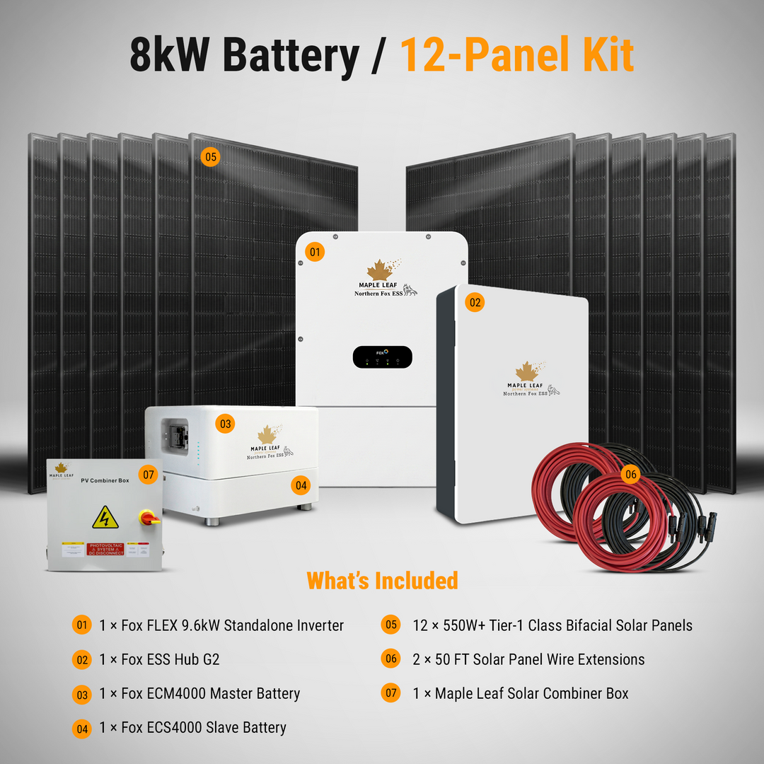Maple Leaf Northern Fox ESS Standalone Complete Hybrid Solar Power Kits | 9.6kW Hybrid Inverter | 8kW–28kW Battery Storage | 550W+ Bifacial Solar Panels | Fox ESS Hub G2, Cables and Combiner Box