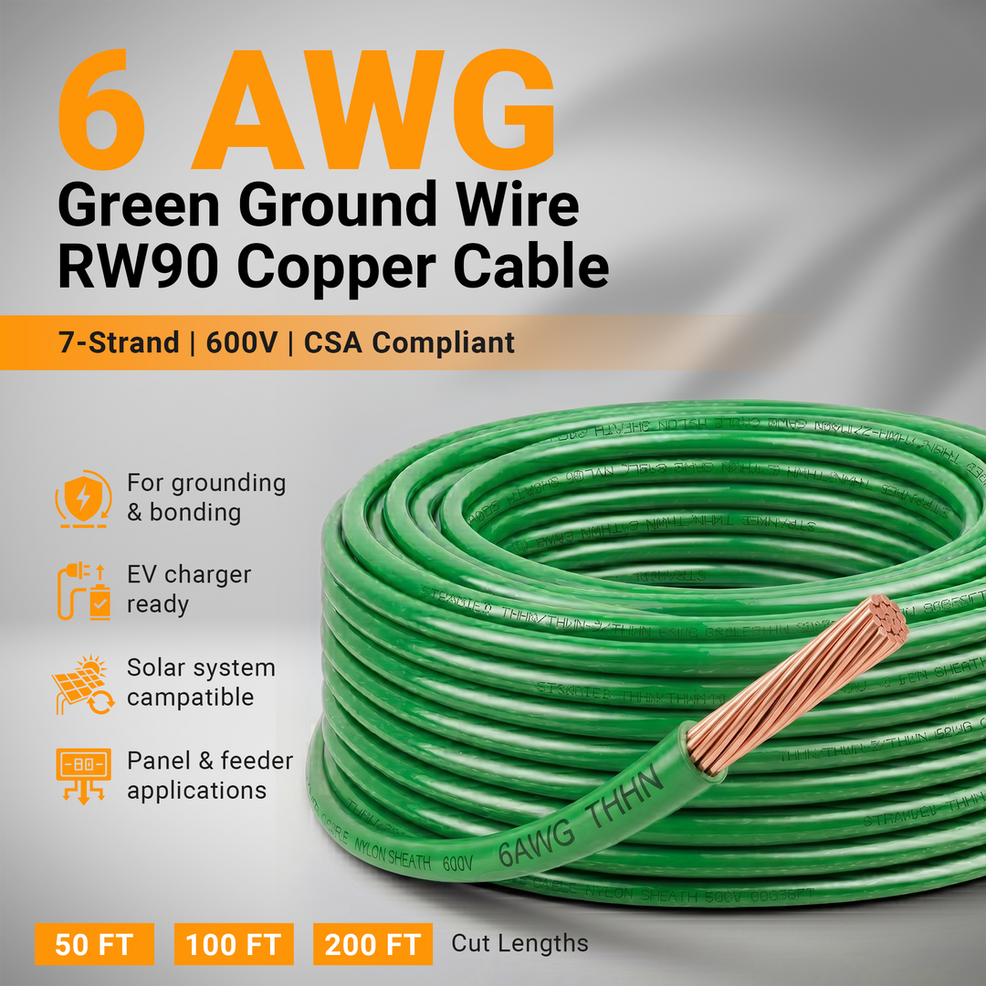 6 AWG Green Ground Wire RW90 Copper Cable – 7 Strand 600V | CSA Building Wire for EV Charger, Solar, Panel Grounding | 50FT 100FT 200FT Canada
