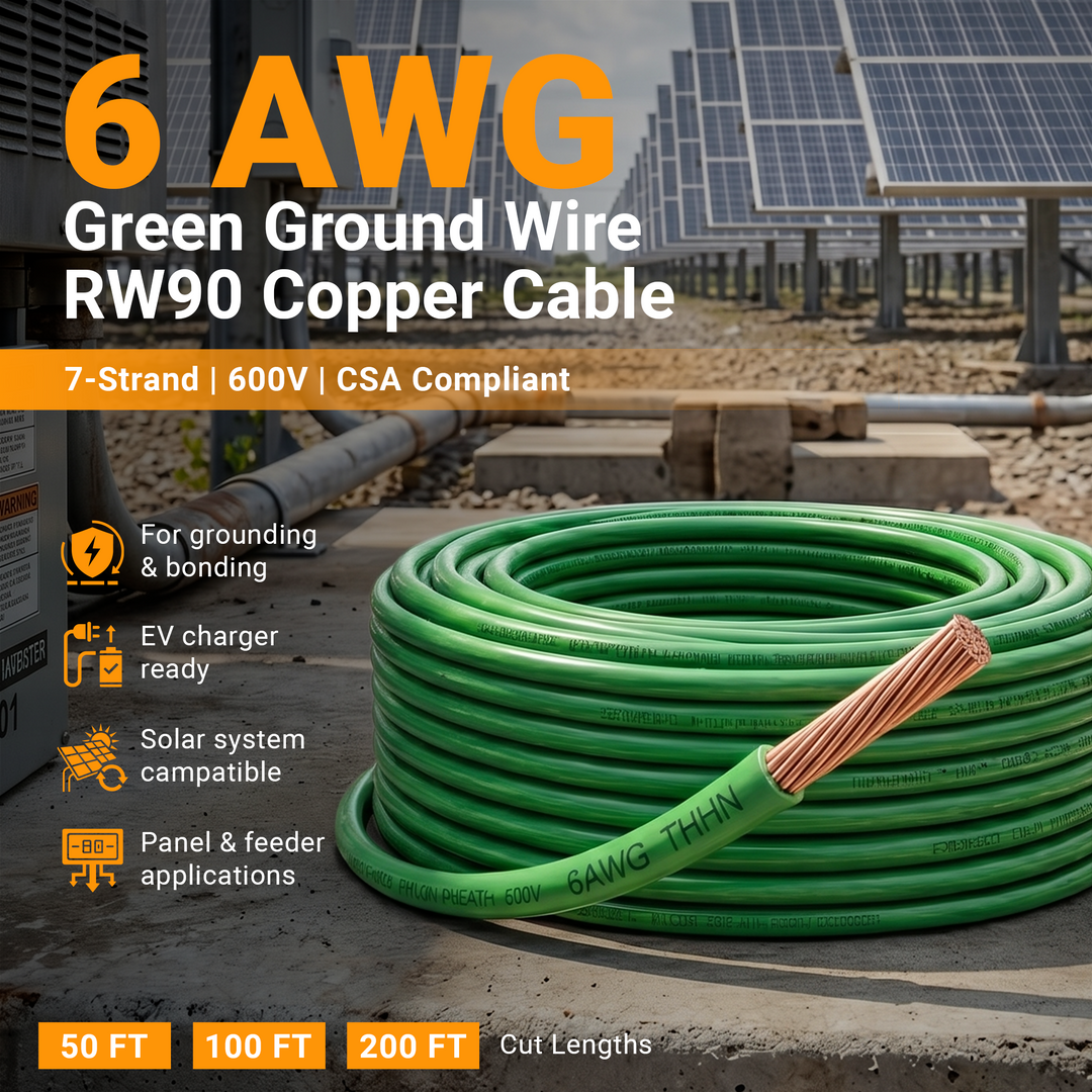 6 AWG Green Ground Wire RW90 Copper Cable – 7 Strand 600V | CSA Building Wire for EV Charger, Solar, Panel Grounding | 50FT 100FT 200FT Canada
