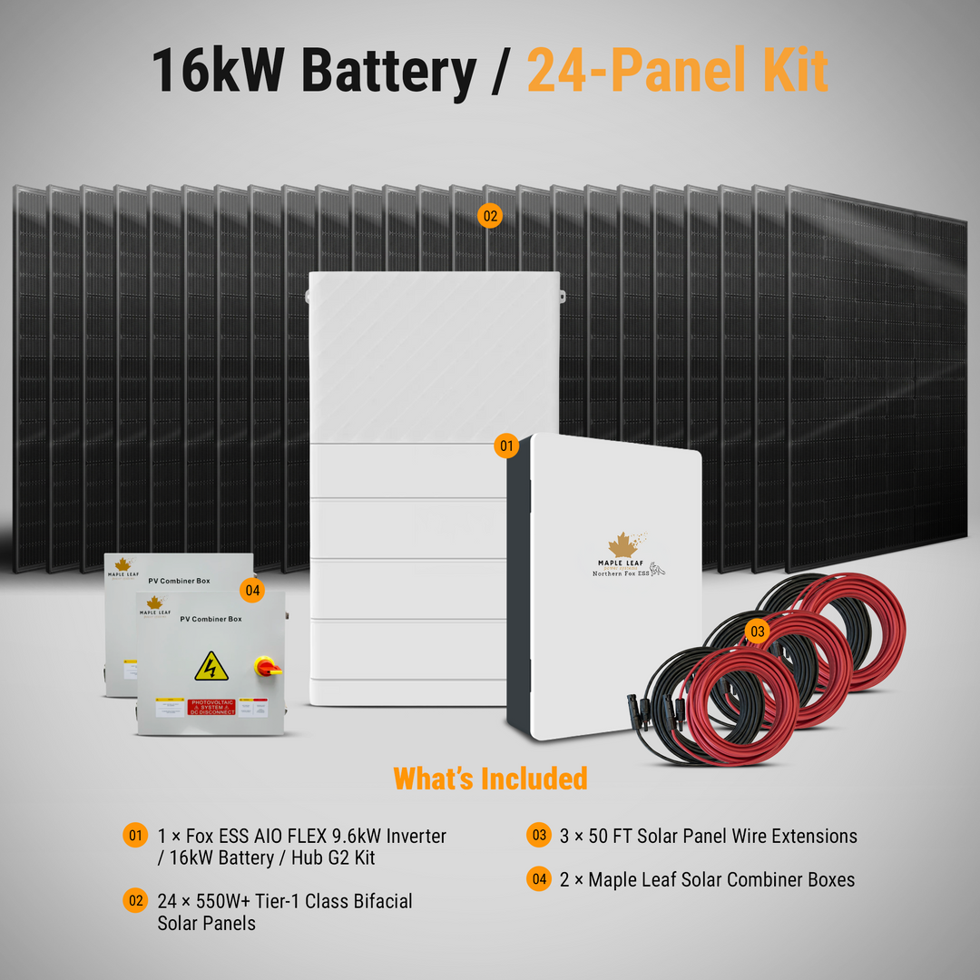 Maple Leaf Northern Fox ESS AIO Complete Hybrid Solar Power Kits | 9.6kW Hybrid Inverter | 8kW–28kW Battery Storage | 550W+ Bifacial Solar Panels | Fox ESS Hub G2, Cables and Combiner Box