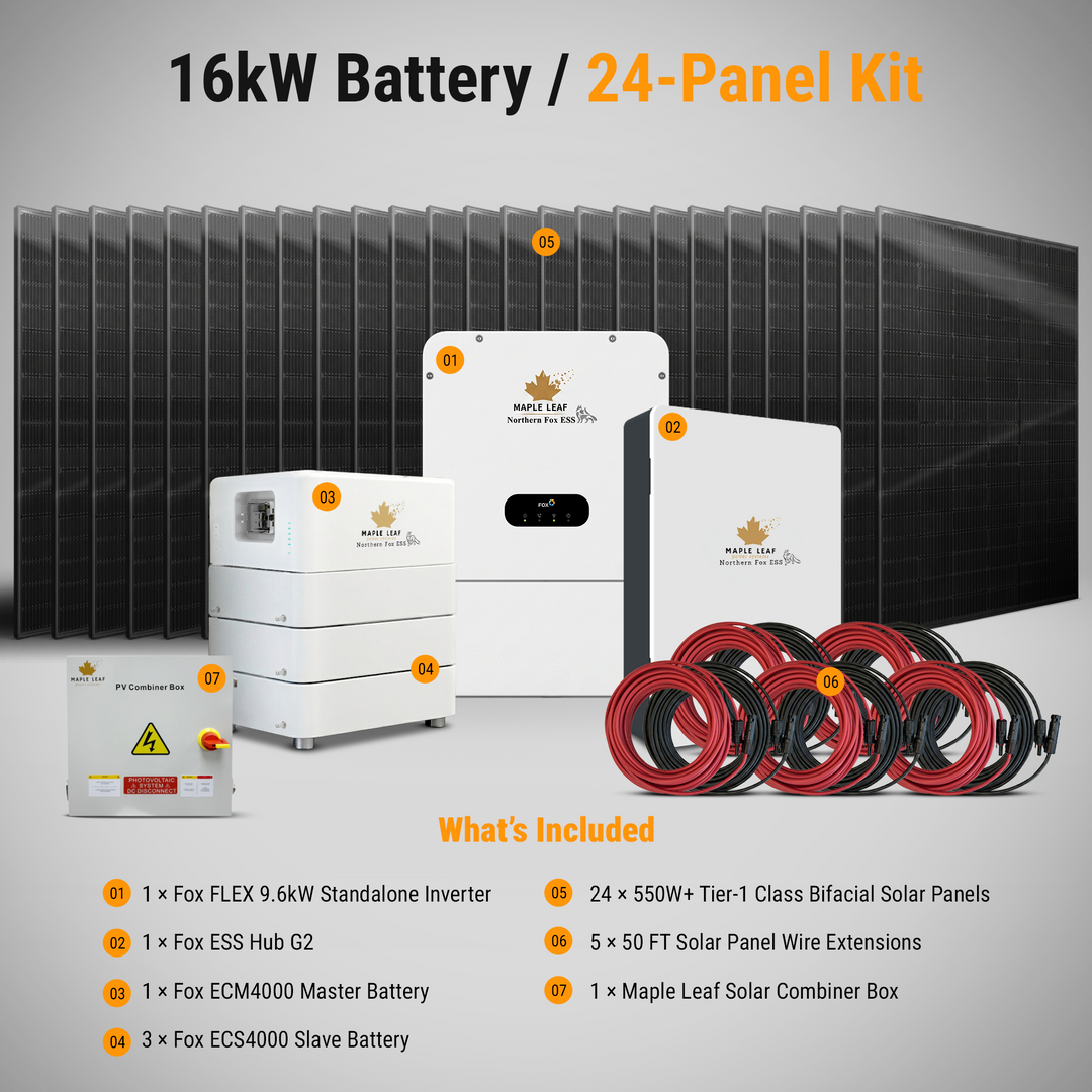 Maple Leaf Northern Fox ESS Standalone Complete Hybrid Solar Power Kits | 9.6kW Hybrid Inverter | 8kW–28kW Battery Storage | 550W+ Bifacial Solar Panels | Fox ESS Hub G2, Cables and Combiner Box