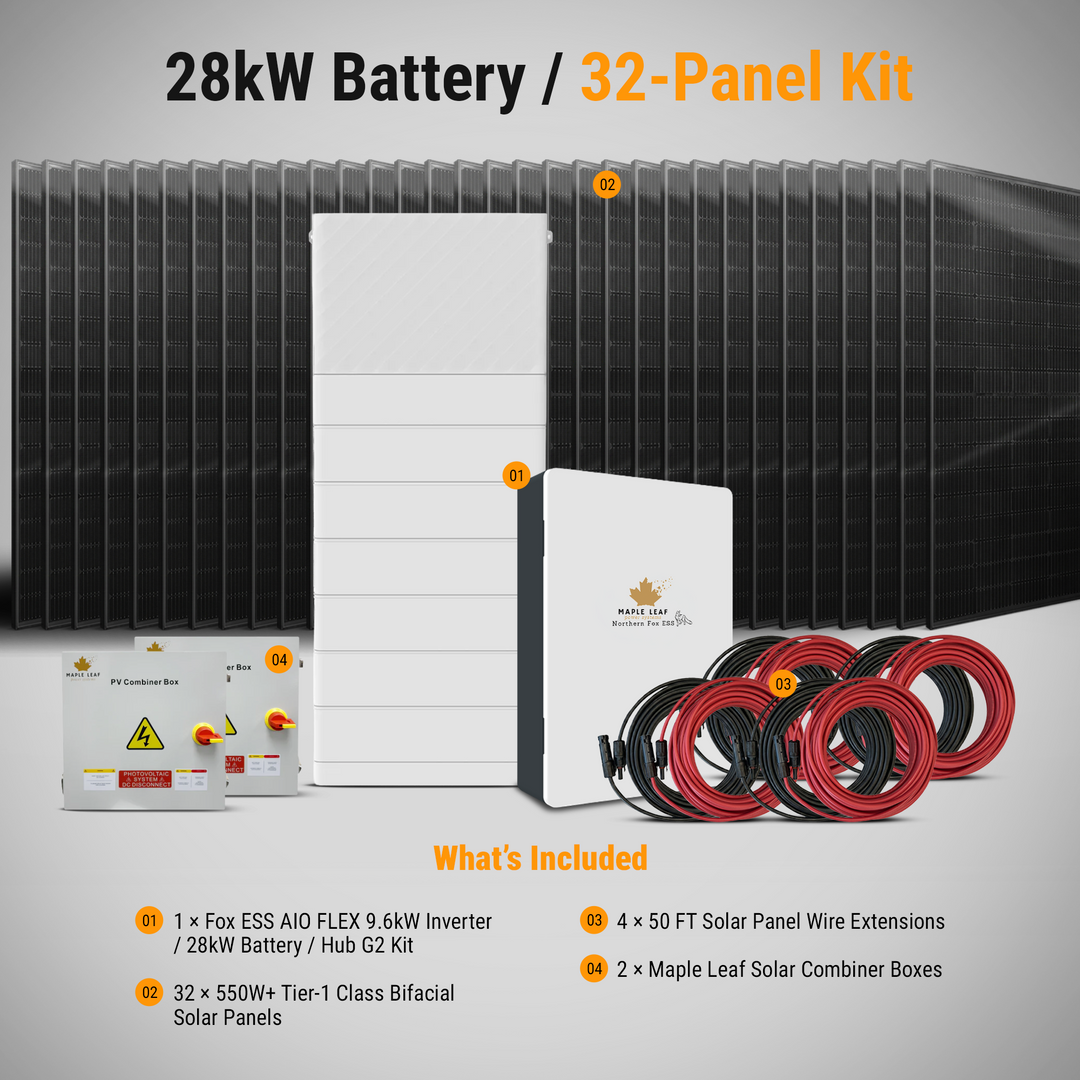 Maple Leaf Northern Fox ESS AIO Complete Hybrid Solar Power Kits | 9.6kW Hybrid Inverter | 8kW–28kW Battery Storage | 550W+ Bifacial Solar Panels | Fox ESS Hub G2, Cables and Combiner Box