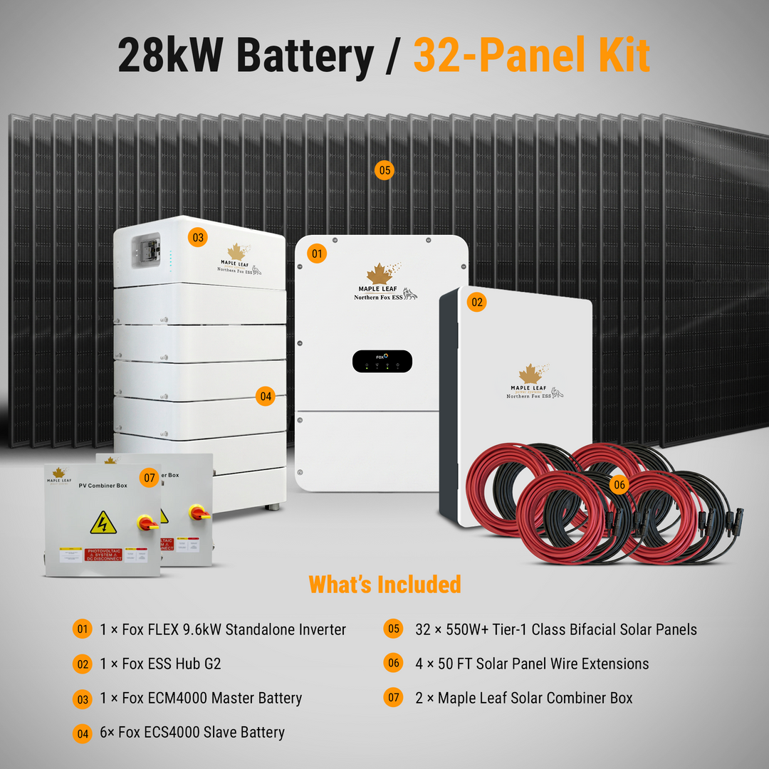 Maple Leaf Northern Fox ESS Standalone Complete Hybrid Solar Power Kits | 9.6kW Hybrid Inverter | 8kW–28kW Battery Storage | 550W+ Bifacial Solar Panels | Fox ESS Hub G2, Cables and Combiner Box