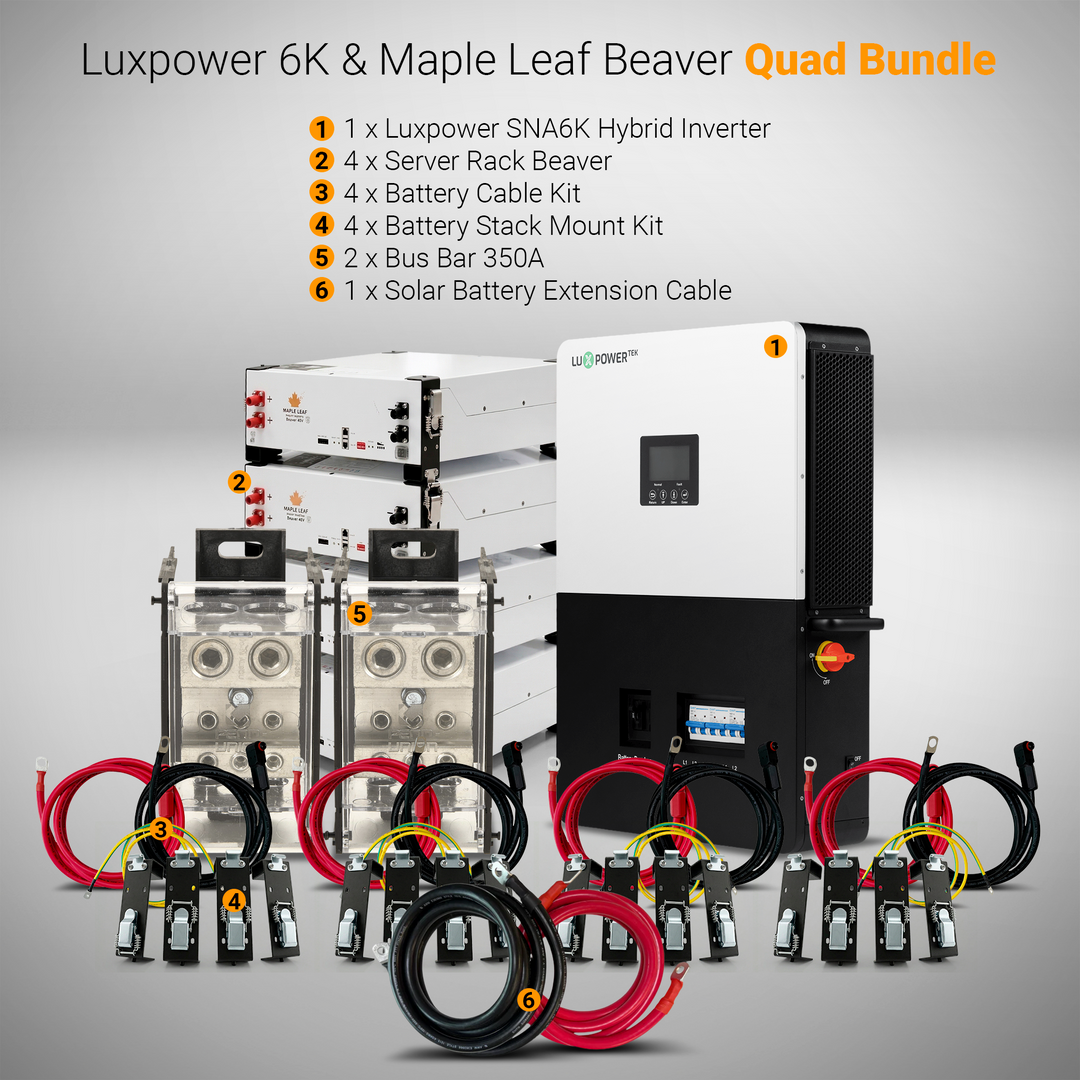 Luxpower LXP6K 6kW Inverter and Maple Leaf Beaver Heated Battery Bundles | 48v 100Ah LiFePO4 Battery and Hybrid Inverter Kits | UL9540 Certified | Complete Off-Grid and Backup Power System w/ Cables and Mount Brackets