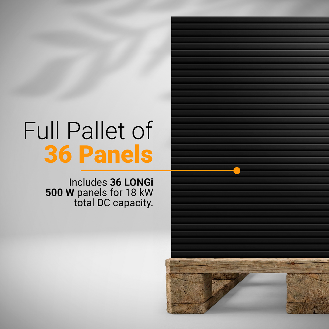 LONGi LR8-54HGBB-500M 500W Bifacial All-Black Solar Power Panel | Pallet of 36 Panels | N-Type Cells | 1200mm cables