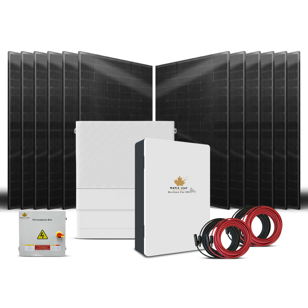 Maple Leaf Northern Fox ESS AIO Complete Hybrid Solar Power Kits | 9.6kW Hybrid Inverter | 8kW–28kW Battery Storage | 550W+ Bifacial Solar Panels | Fox ESS Hub G2, Cables and Combiner Box