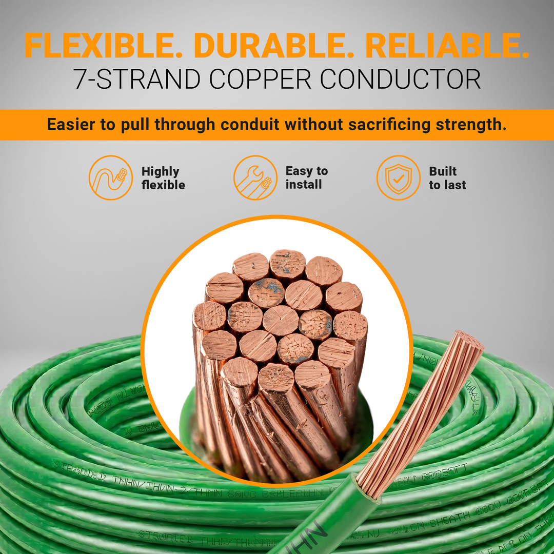 6 AWG Green Ground Wire RW90 Copper Cable – 7 Strand 600V | CSA Building Wire for EV Charger, Solar, Panel Grounding | 50FT 100FT 200FT Canada