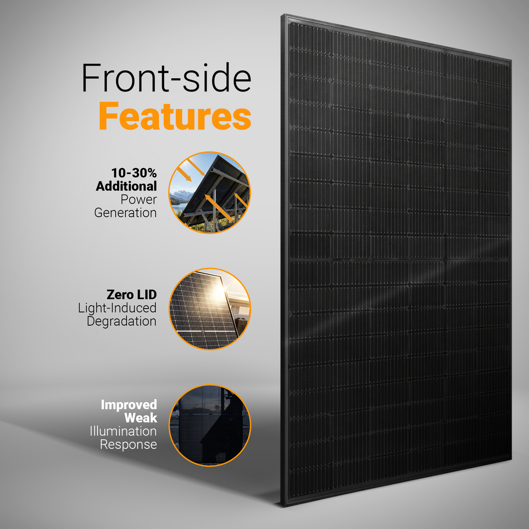 Maple Leaf All Black Bifacial Solar Panel 595W (PALLET OF 36) - W/ N-type TOPCon Mono Cells | IP68 Junction Box & IP67 MC4 Cable
