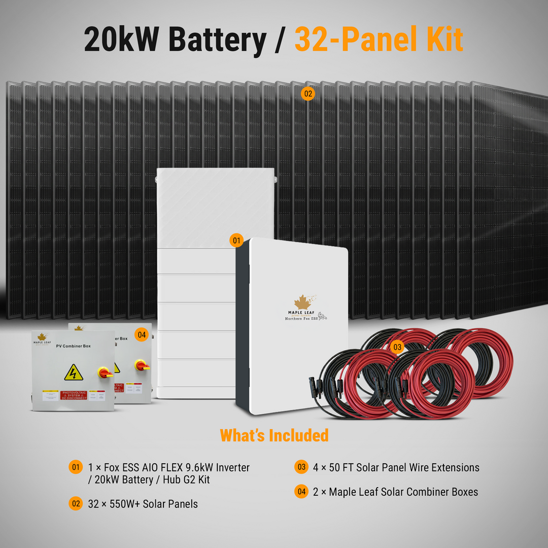 Maple Leaf Northern Fox ESS AIO Complete Hybrid Solar Power Kits | 9.6kW Hybrid Inverter | 8kW–28kW Battery Storage | 550W+ Bifacial Solar Panels | Fox ESS Hub G2, Cables and Combiner Box