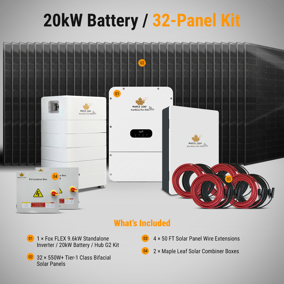 Maple Leaf Northern Fox ESS Standalone Complete Hybrid Solar Power Kits | 9.6kW Hybrid Inverter | 8kW–28kW Battery Storage | 550W+ Bifacial Solar Panels | Fox ESS Hub G2, Cables and Combiner Box