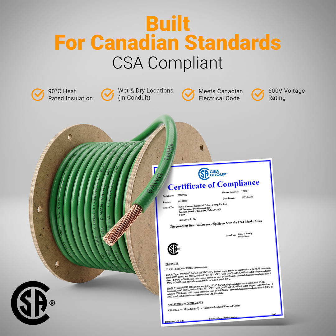 6 AWG Green Ground Wire RW90 Copper Cable – 7 Strand 600V | CSA Building Wire for EV Charger, Solar, Panel Grounding | 50FT 100FT 200FT Canada
