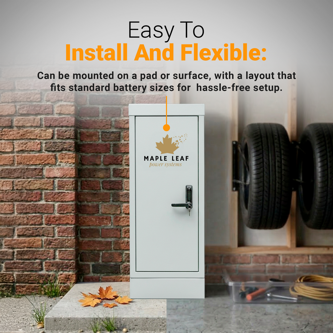 Maple Leaf Mountie - Safe Outdoor Battery Cabinet | Insulated Waterproof Steel Enclosure for Server Rack & Solar Power System Batteries | IP65 Rated Battery Power Outdoor Cabinet