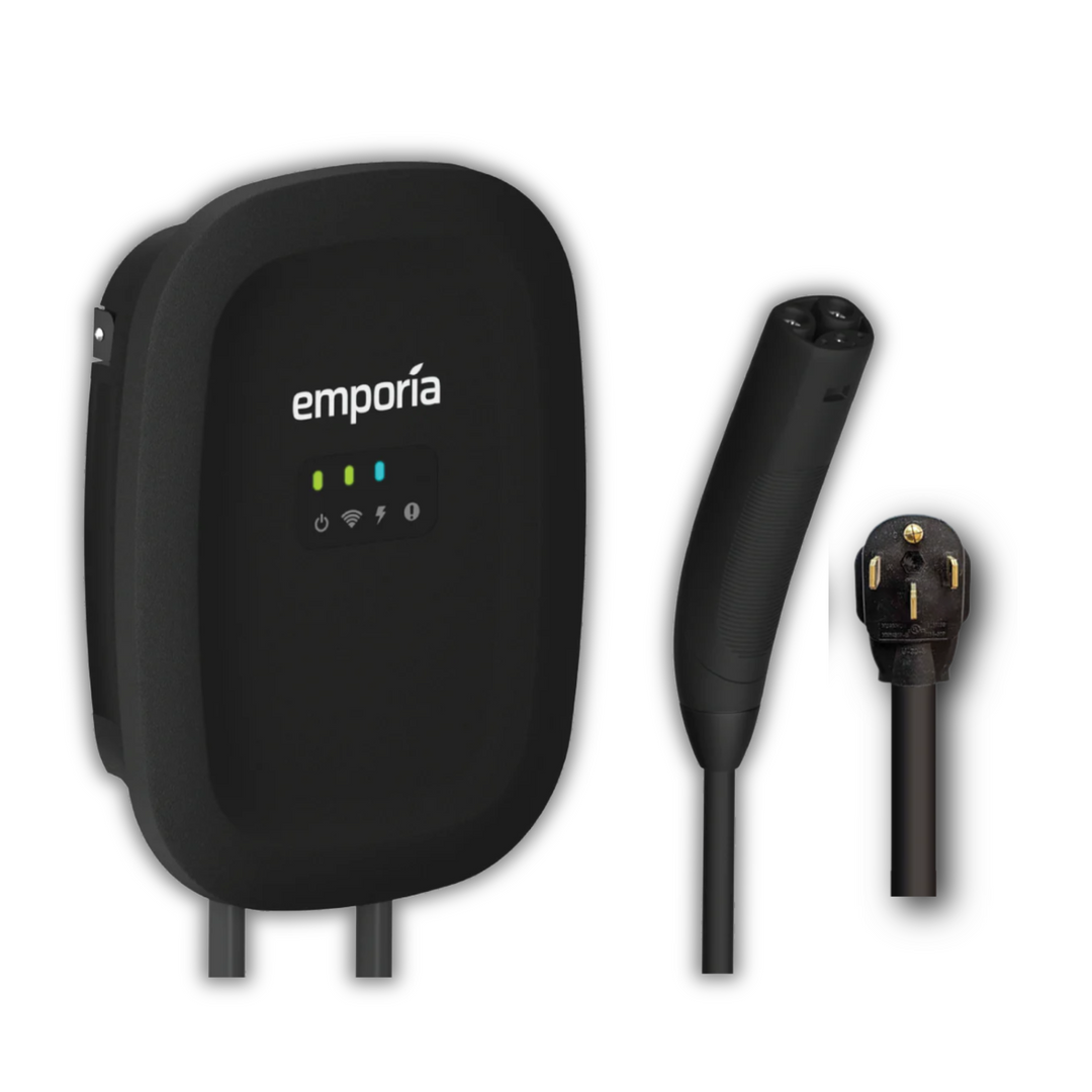 Emporia Level 2 EV Charger | Dual CCS & NACS Connectors | Hardwired or NEMA 14-50 | Black or White | Smart Load Management for Home EV Charging