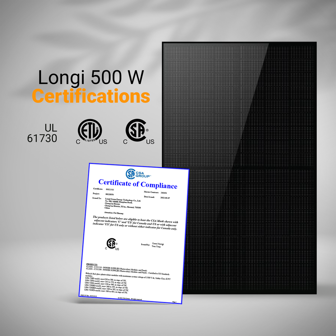 LONGi LR8-54HGBB-500M 500W Bifacial All-Black Solar Power Panel | Pallet of 36 Panels | N-Type Cells | 1200mm cables