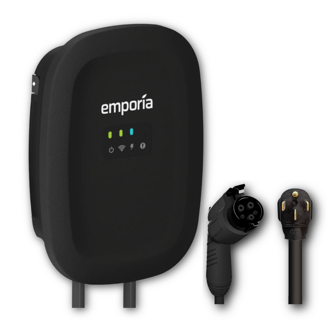 Emporia Level 2 EV Charger | Dual CCS & NACS Connectors | Hardwired or NEMA 14-50 | Black or White | Smart Load Management for Home EV Charging