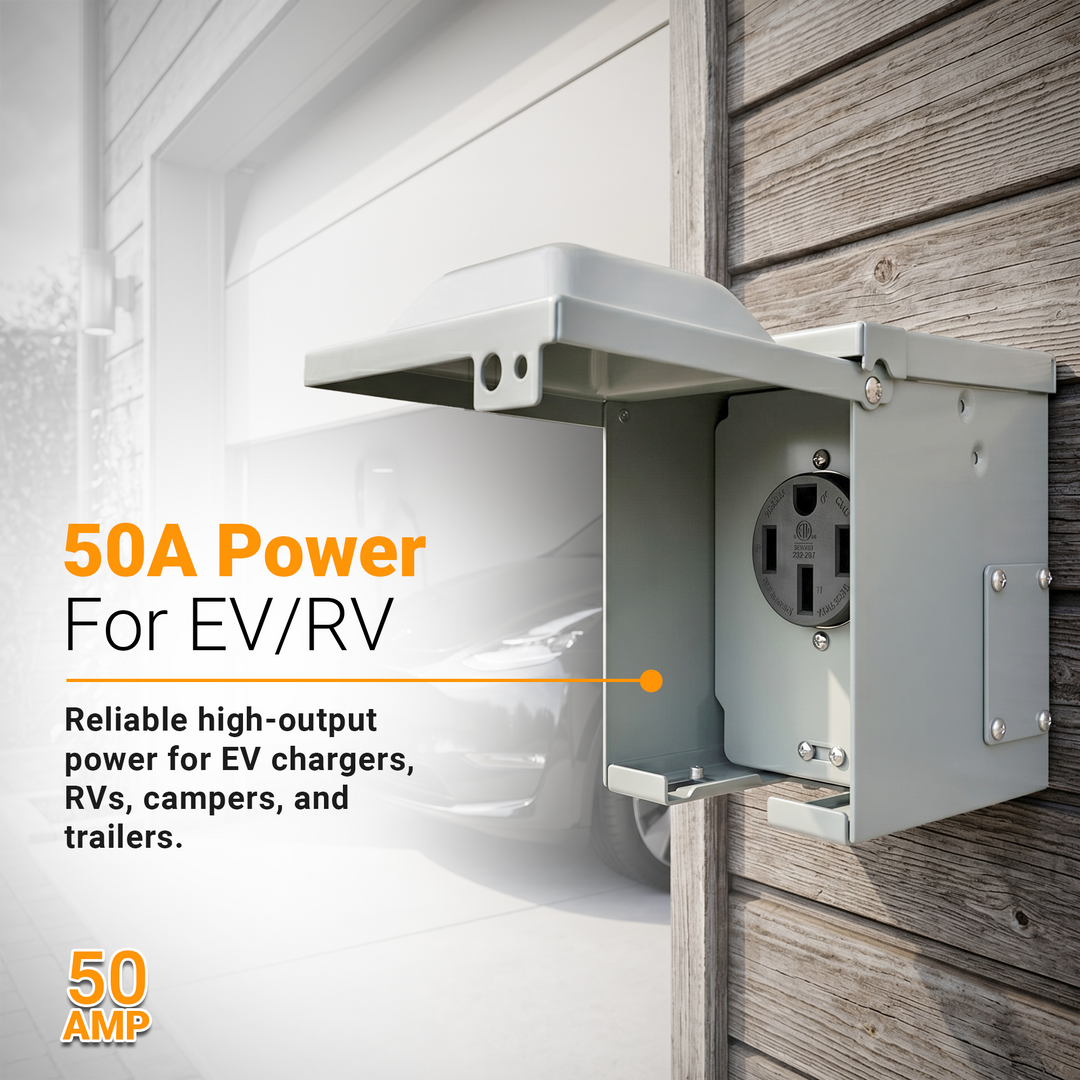 50 Amp EV/RV Power Outlet Box – Heavy Duty Outdoor NEMA 14-50R Receptacle for EV Chargers, Tesla, RVs, Campers & Home Charging | Weatherproof Lockable ETL Listed Power Outlet Canada